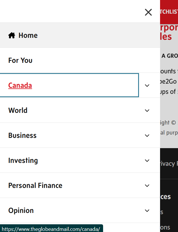 Screenshot of main menu with the third option, "Canada", selected, indicated by a box around the word.