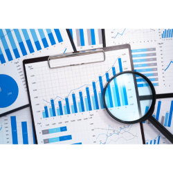 various graphs are displayed next to a magnifying glass